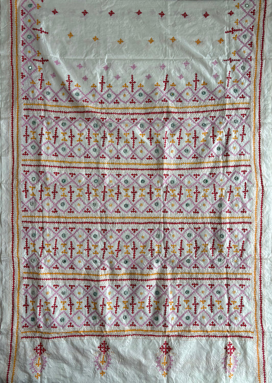 Heavy real mirror work Gujrati Stitch/Kutchi Bharat/Sindhi Hand Embroidered Art Silk Saree with blouse - white