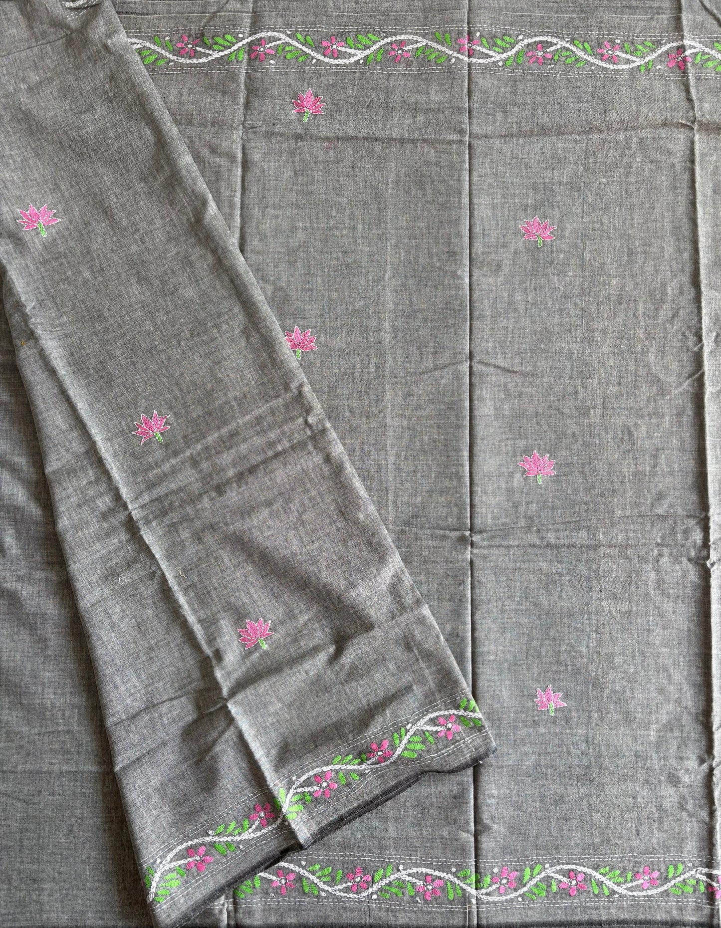 Kantha stitch Khadi Cotton Saree - Grey