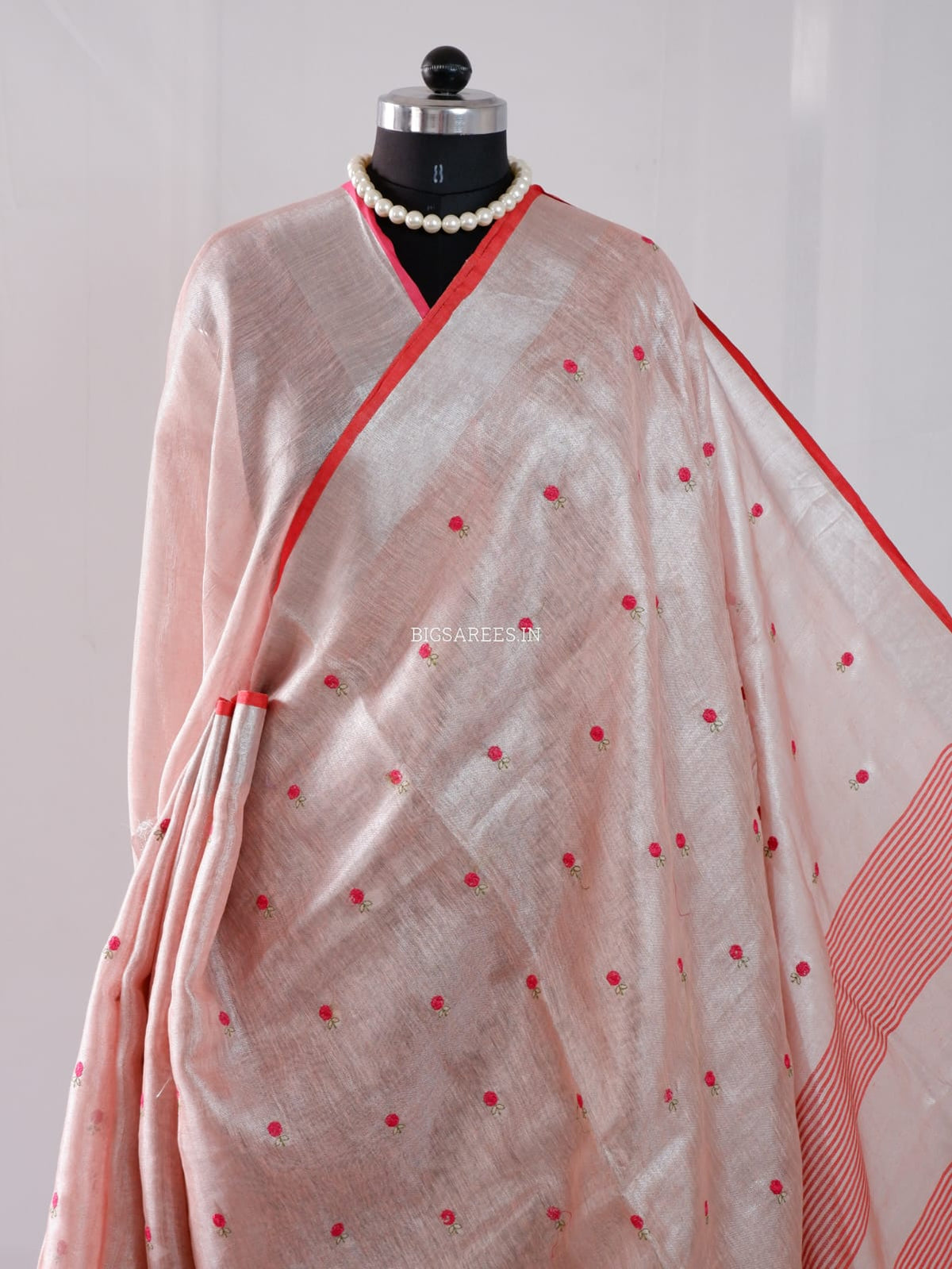 Tissue Linen Blend machine embroidered Saree | Light Pink