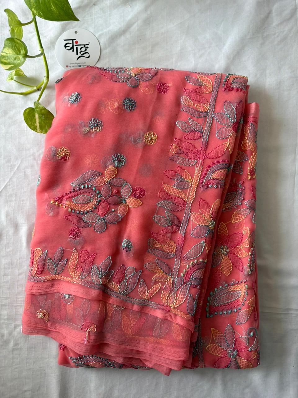 Chikankari Hand Embroidered Saree | Semi Georgette | Light Pink