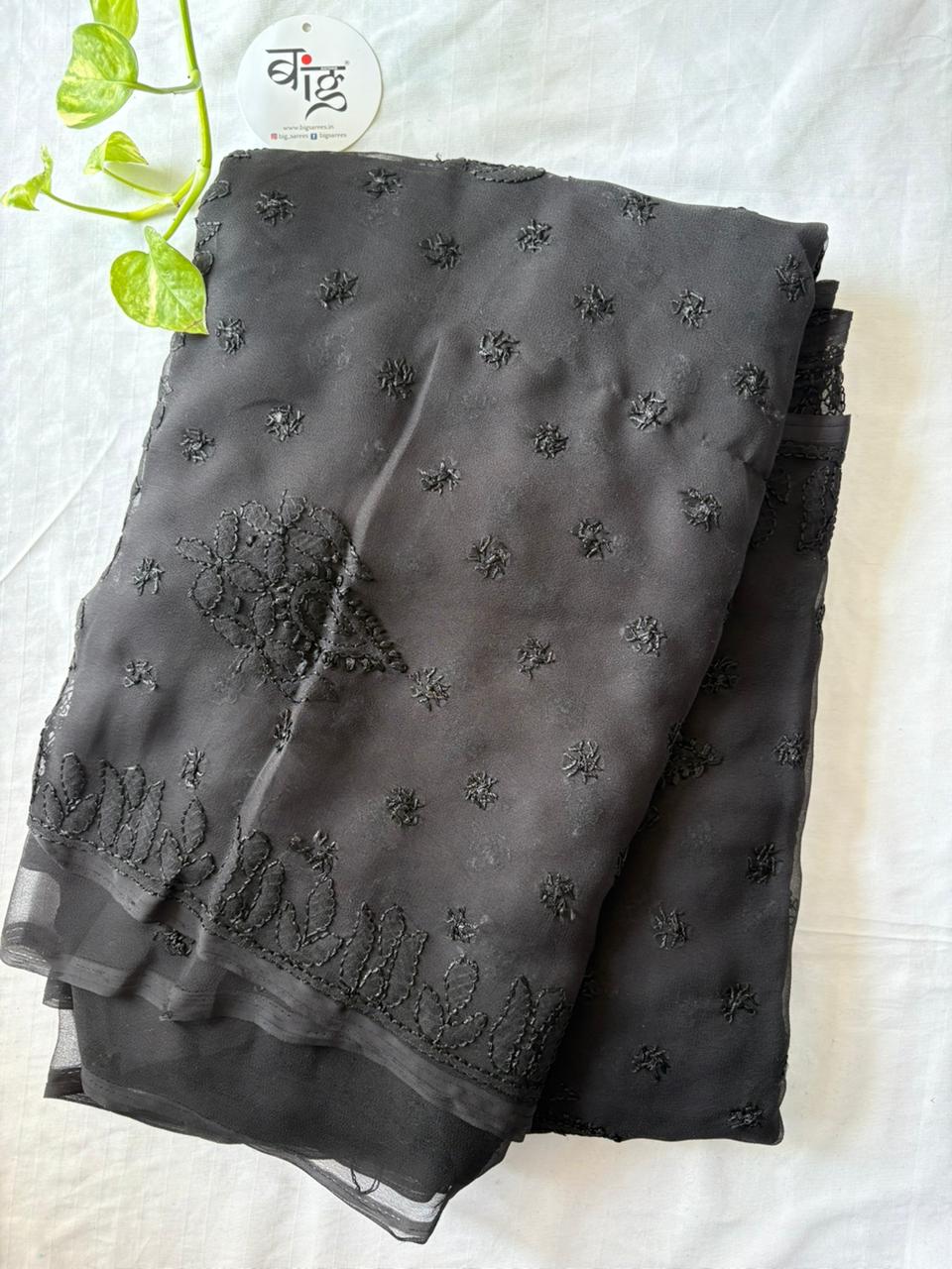 Chikankari Hand Embroidered Saree | Semi Georgette | Jet Black