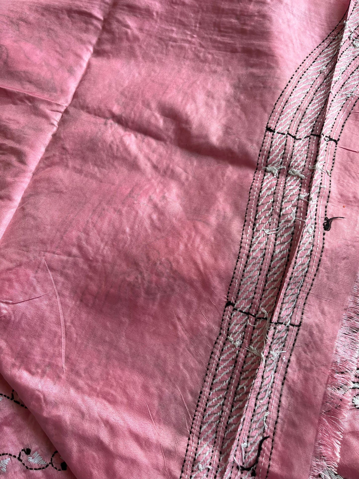 Pink Kantha Stitch Hand Work Embroidered Art Silk Saree With Blouse