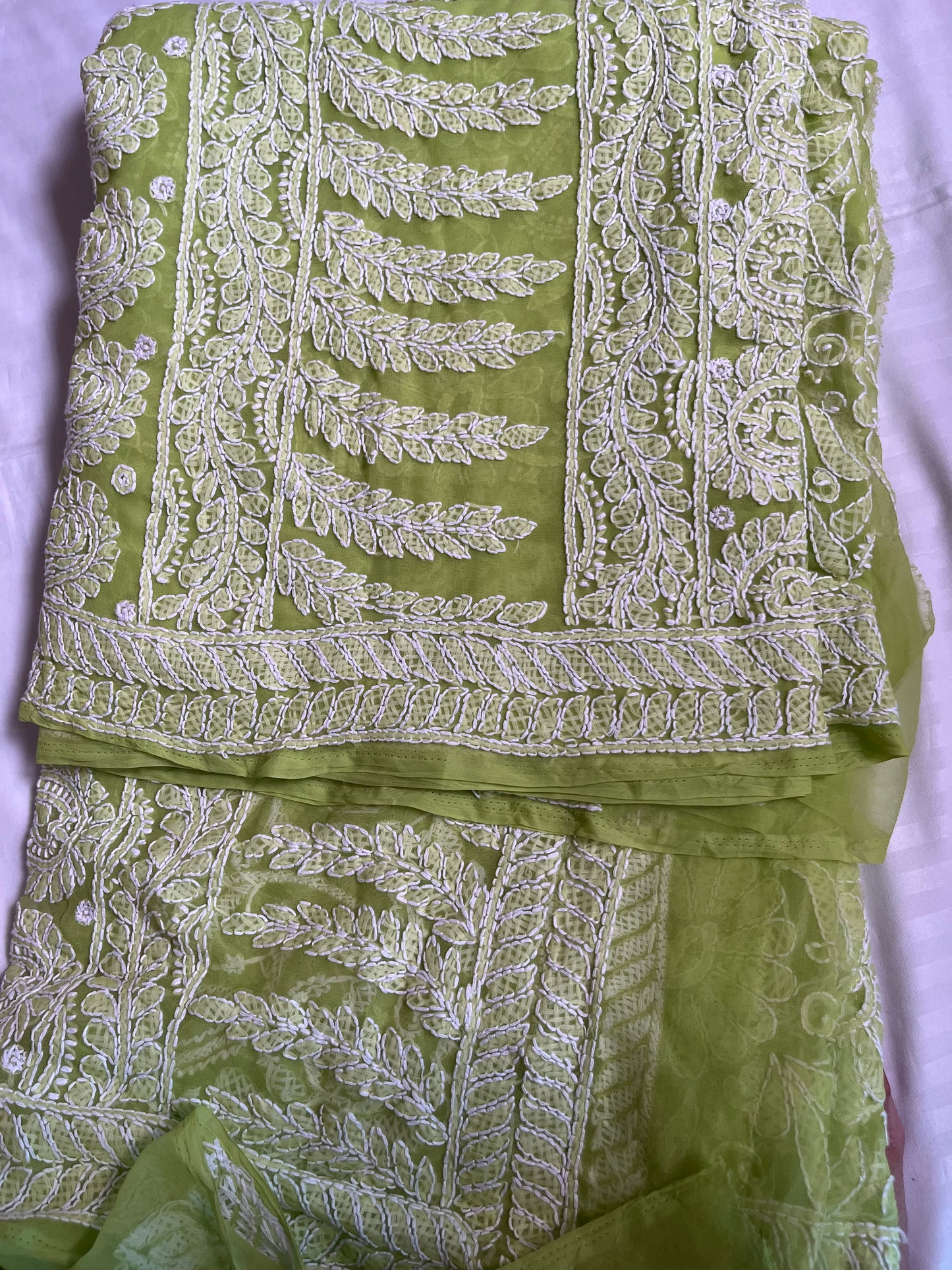 Light Green Georgette Chikankari Work Hand Embroidered Saree