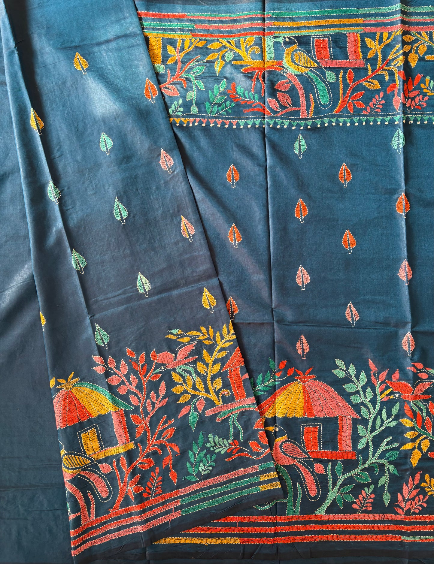 Kantha Stitch Hand Embroidered Art Silk Saree With Blouse