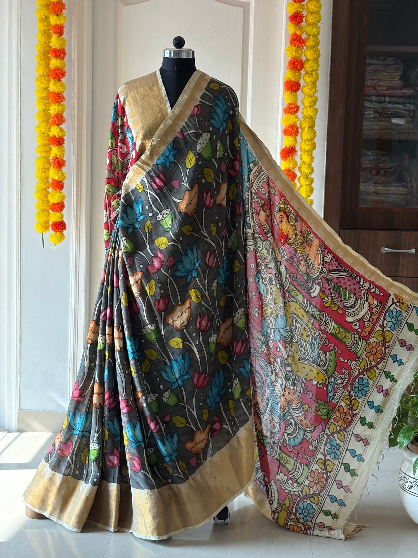 Pen Kalamkari hand painted Banglore Silk Saree with blouse