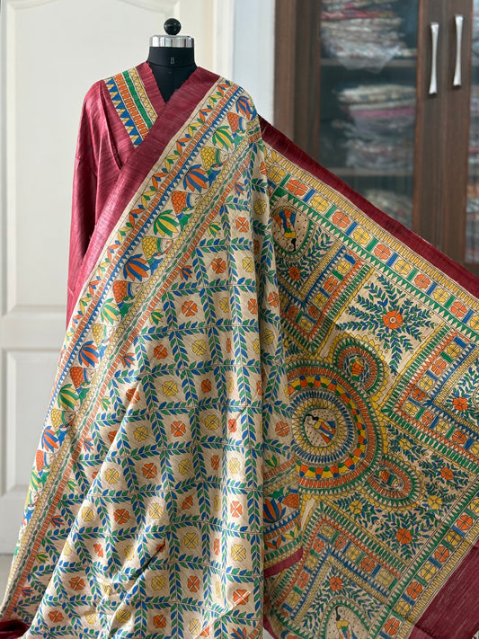 Pure Tussar Ghicha Silk Handcrafted Madhubani Half Saree (Silk Marked)