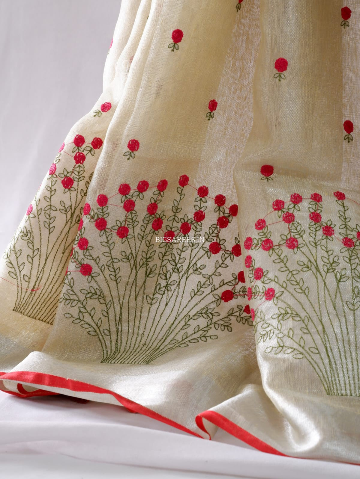 Tissue Linen Blend machine embroidered Saree | Pearl Cream