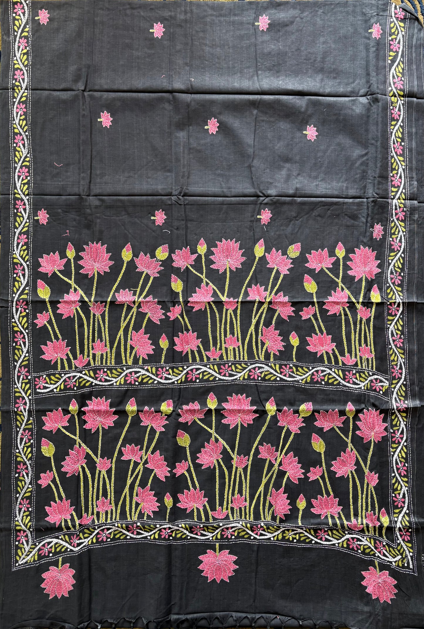 Kantha stitch Khadi Cotton Saree - Black