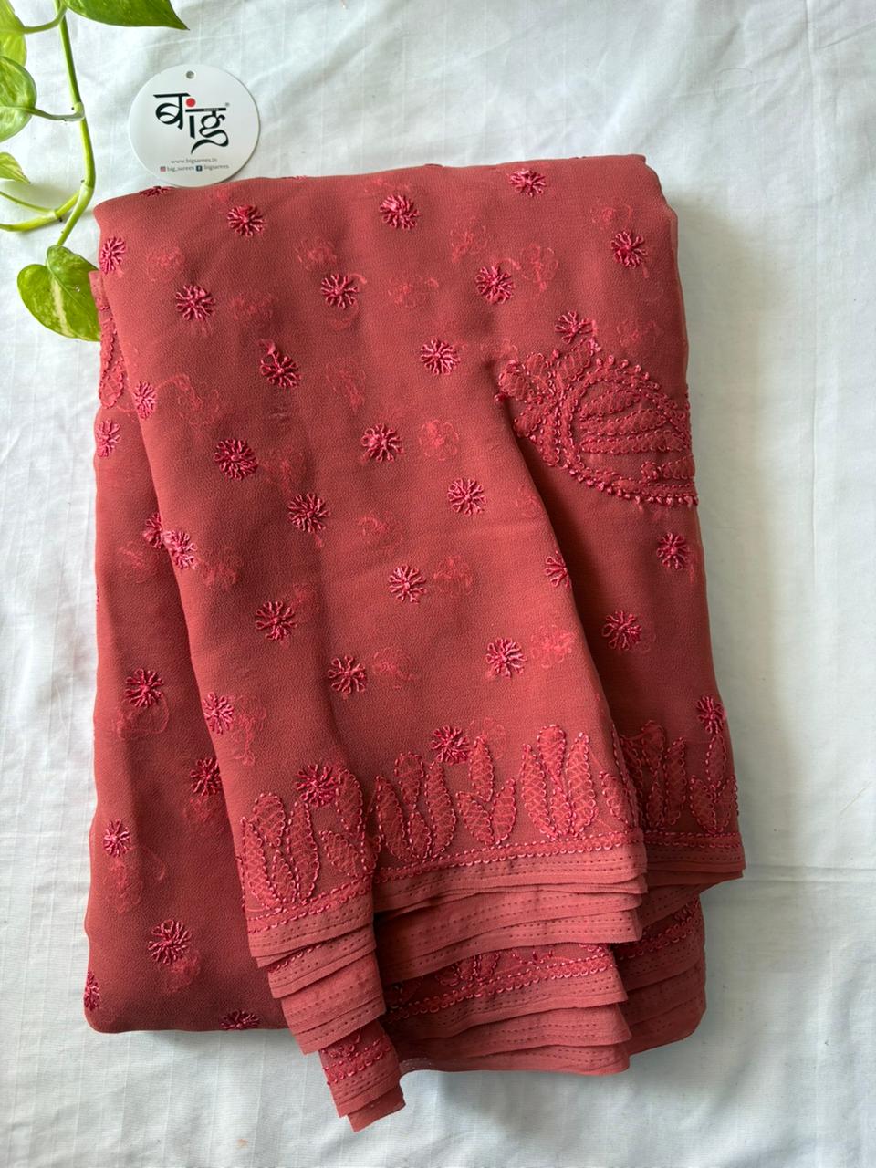 Chikankari Hand Embroidered Saree | Semi Georgette | Muted Red