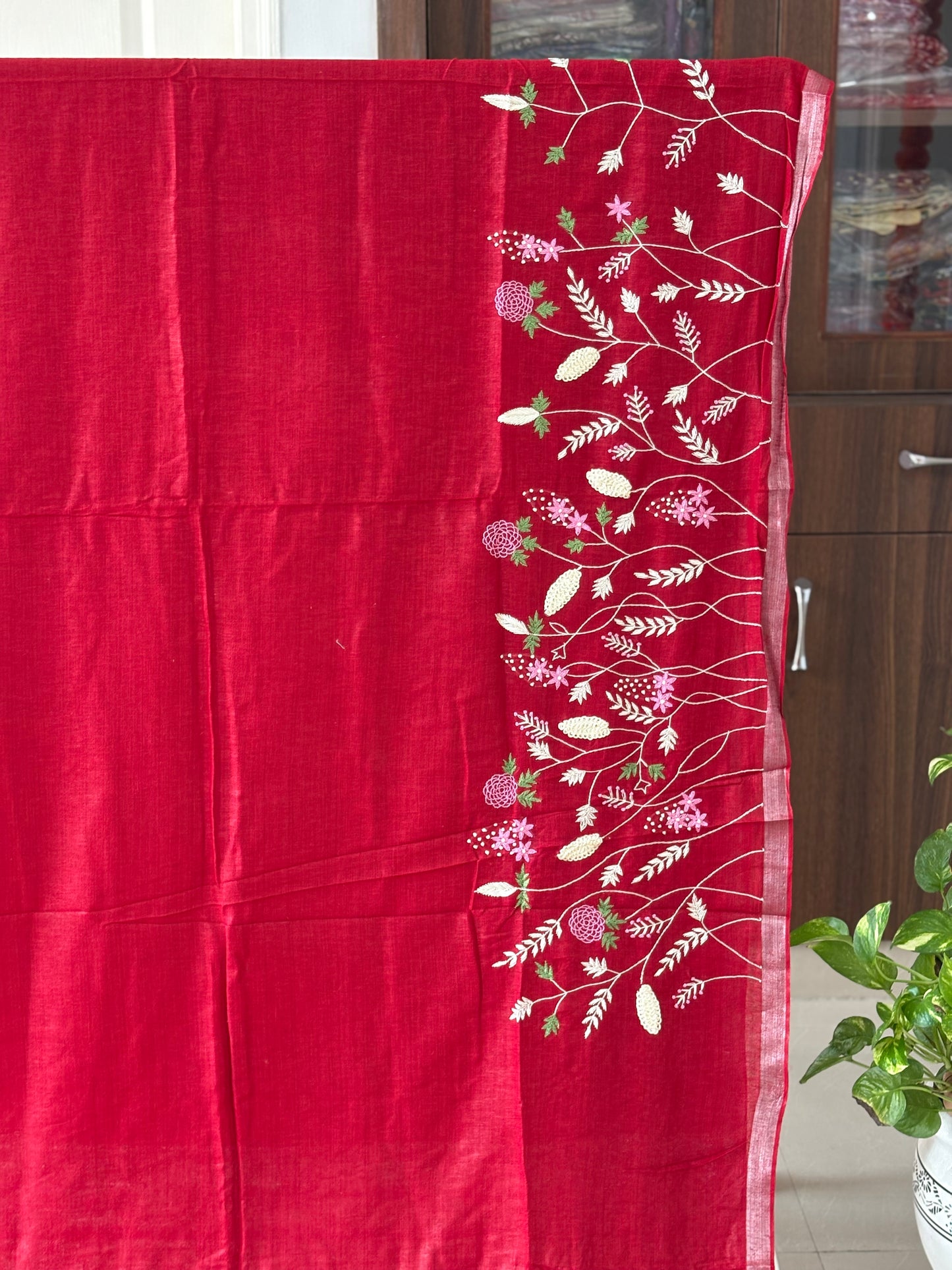 Pure Linen Saree With running Blouse - Red
