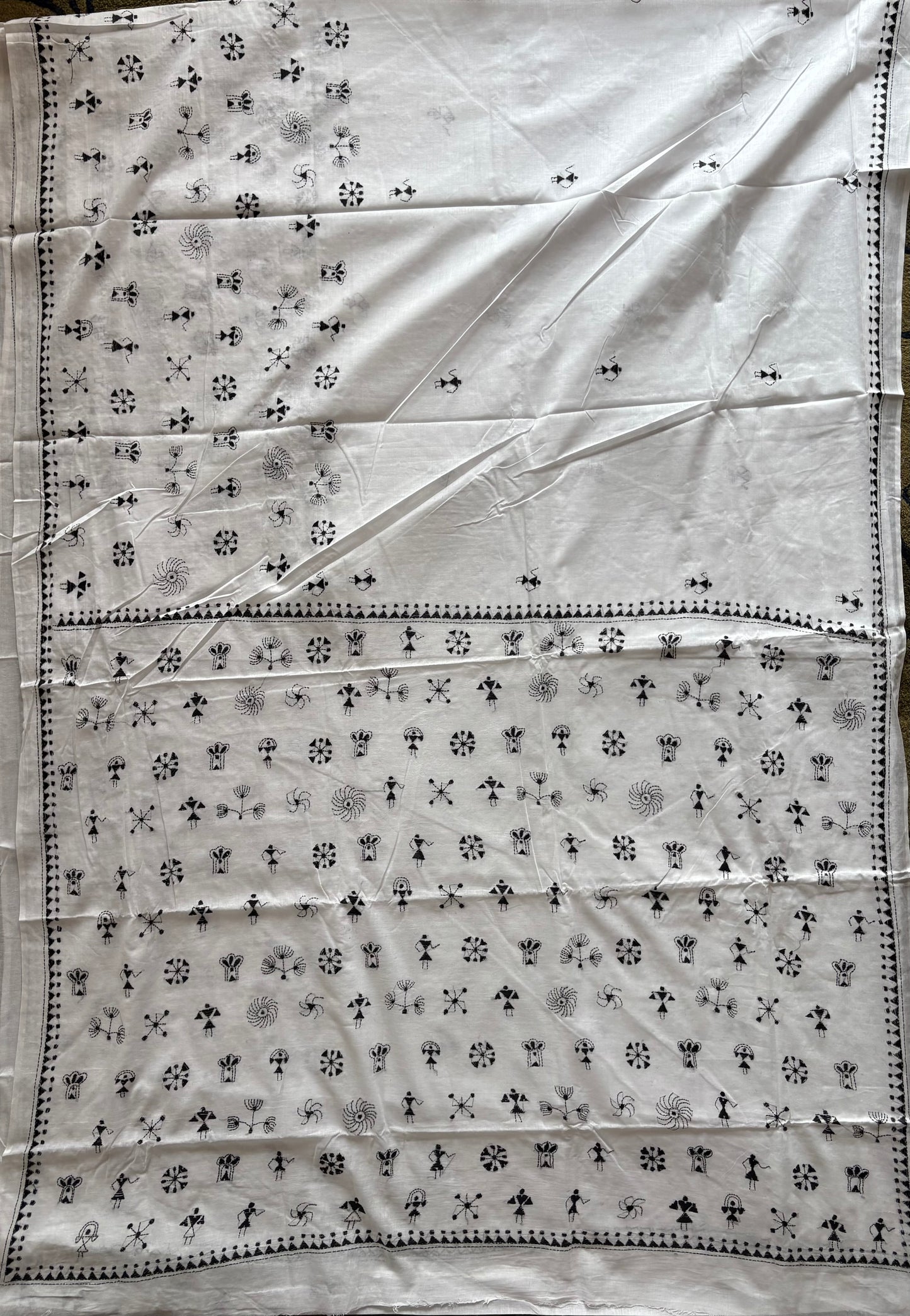 Kantha Hand Embroidered Pure Cotton Saree - white
