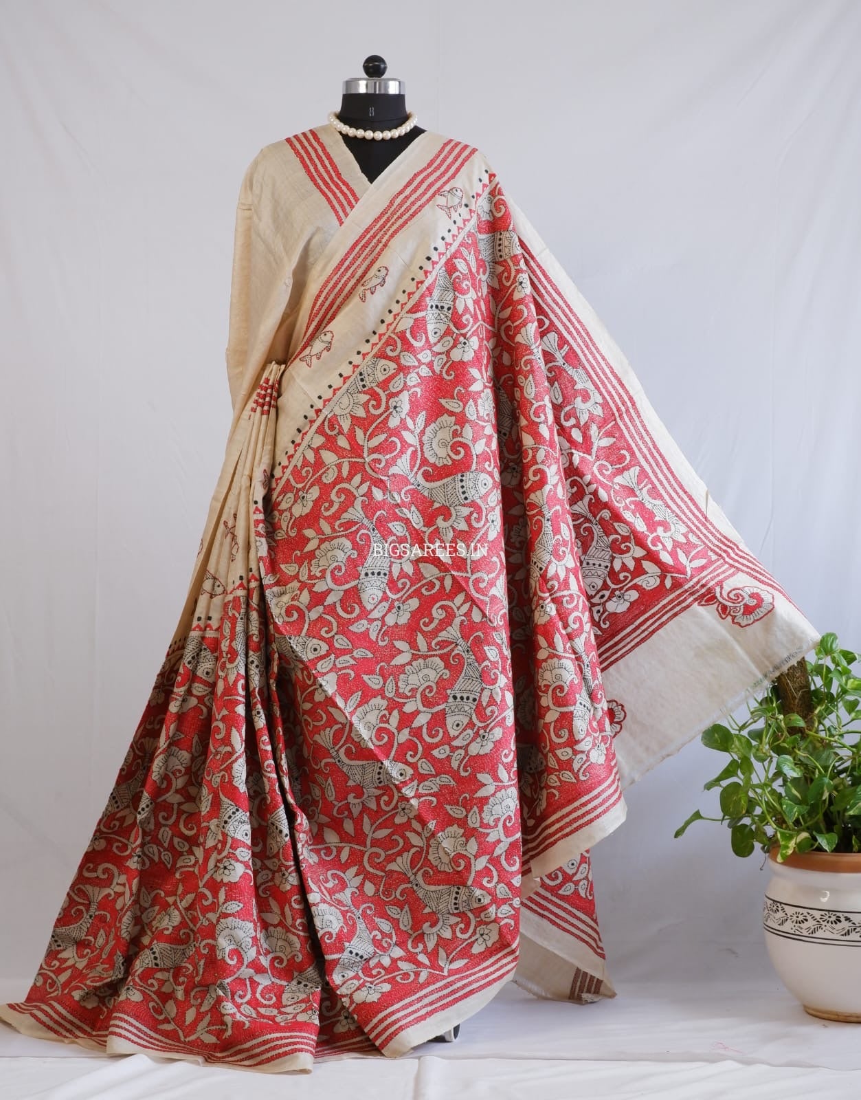 Kantha Stitch Hand Embroidered Saree | Pure Gachi Tussar Silk | Silk Mark Certified | Beige