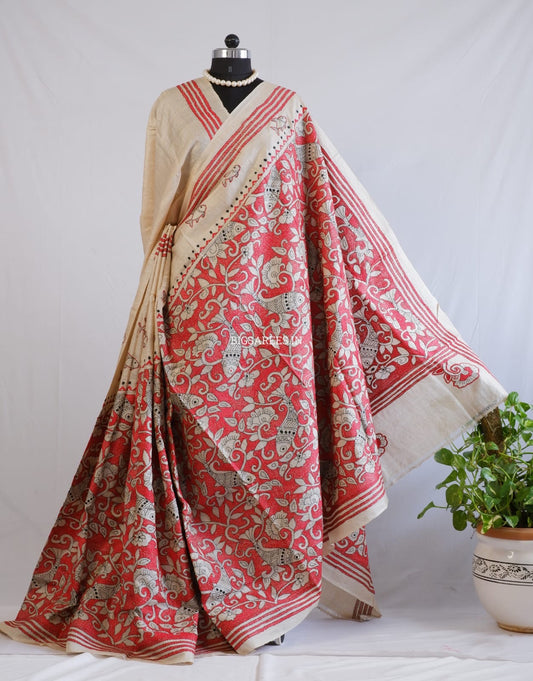 Kantha Stitch Hand Embroidered Saree | Pure Gachi Tussar Silk | Silk Mark Certified | Beige
