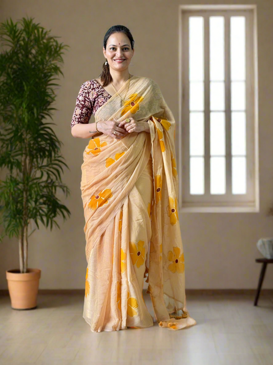 Hand Painted Mul Cotton Saree - Badami
