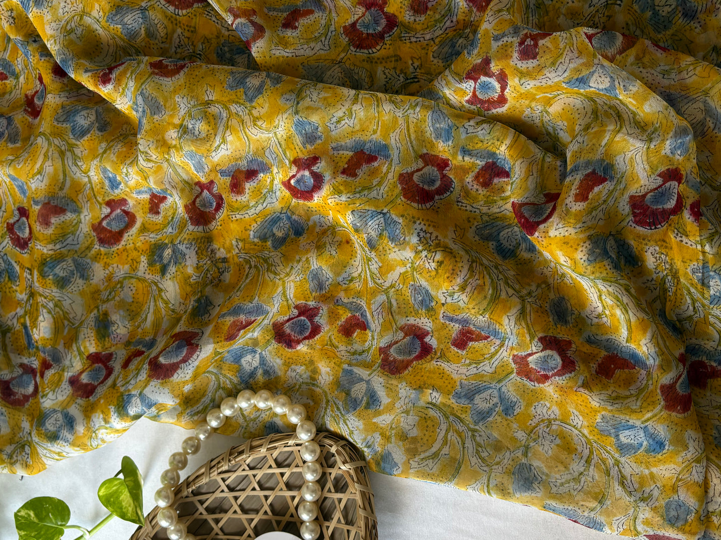 Hand Block Print Saree | Pure Chiffon | Yellow