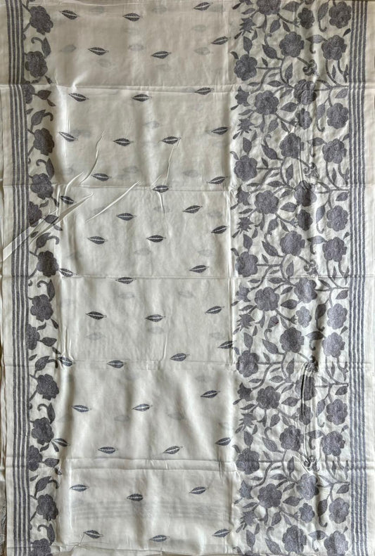 Kantha Stitch Hand Embroidered Saree | Blended Bangalore Silk / Art Silk | off white