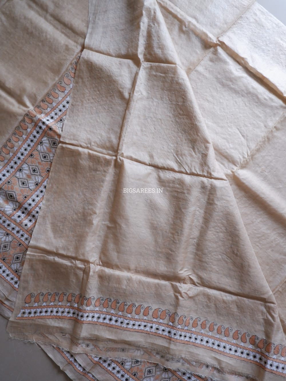 Kantha Stitch Hand Embroidered Saree | Pure Gachi Tussar Silk | Silk Mark Certified | Beige