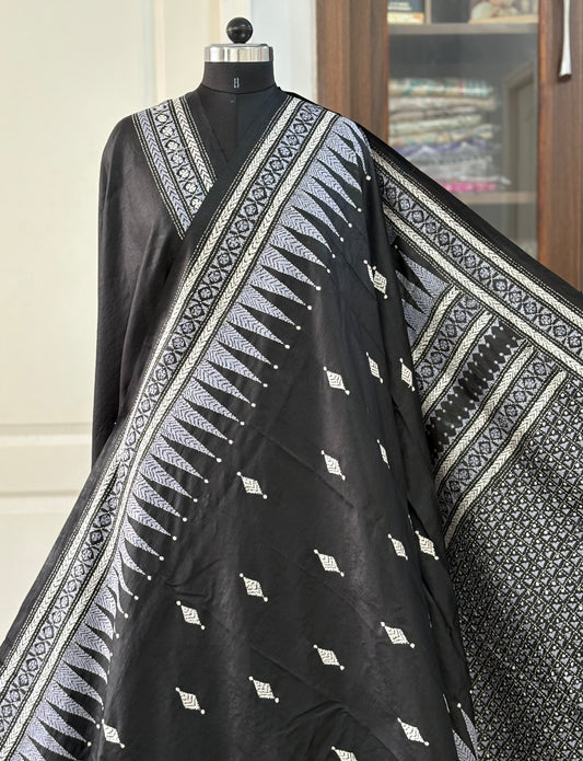 Black Kantha Stitch Hand Embroidered Pure Banglore Silk Saree (Silk Marked)