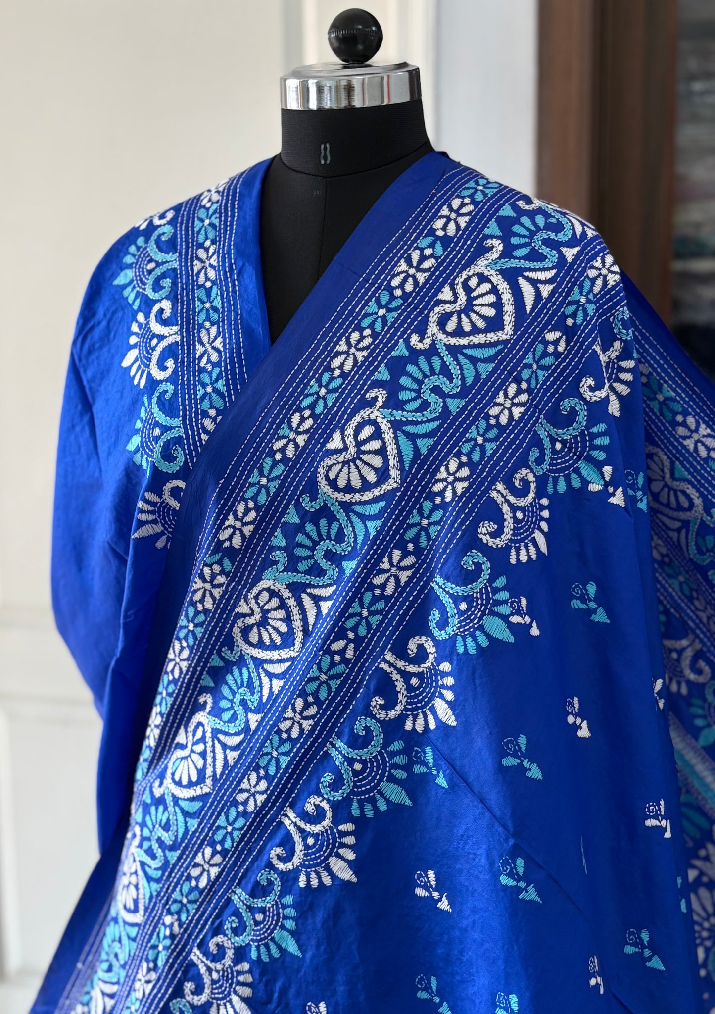 Kantha Stitch Hand Embroidered Pure Banglore Silk Saree (Silk Marked)