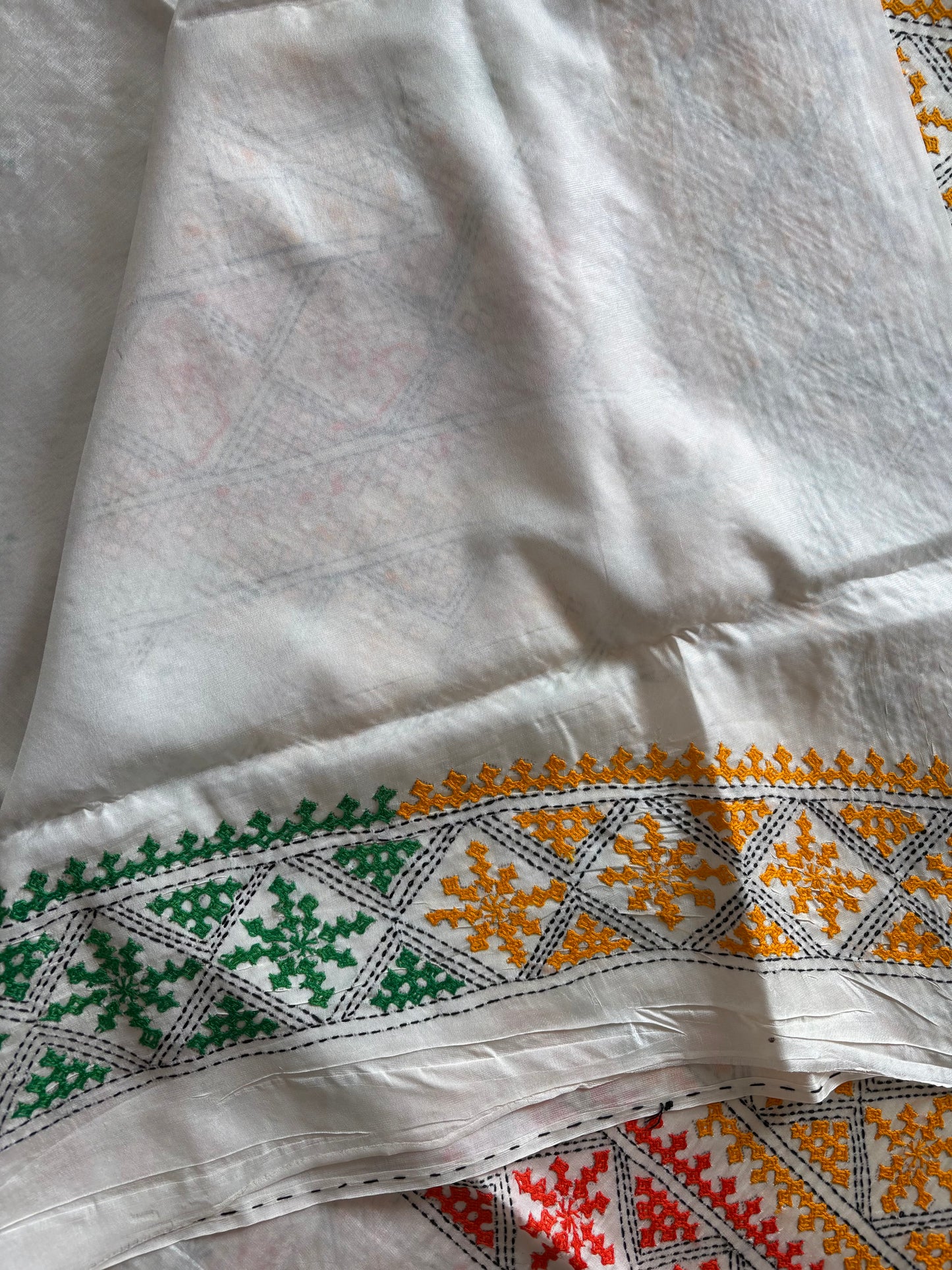 Gujrati Stitch/Kutch Hand Embroidered Art Silk Saree