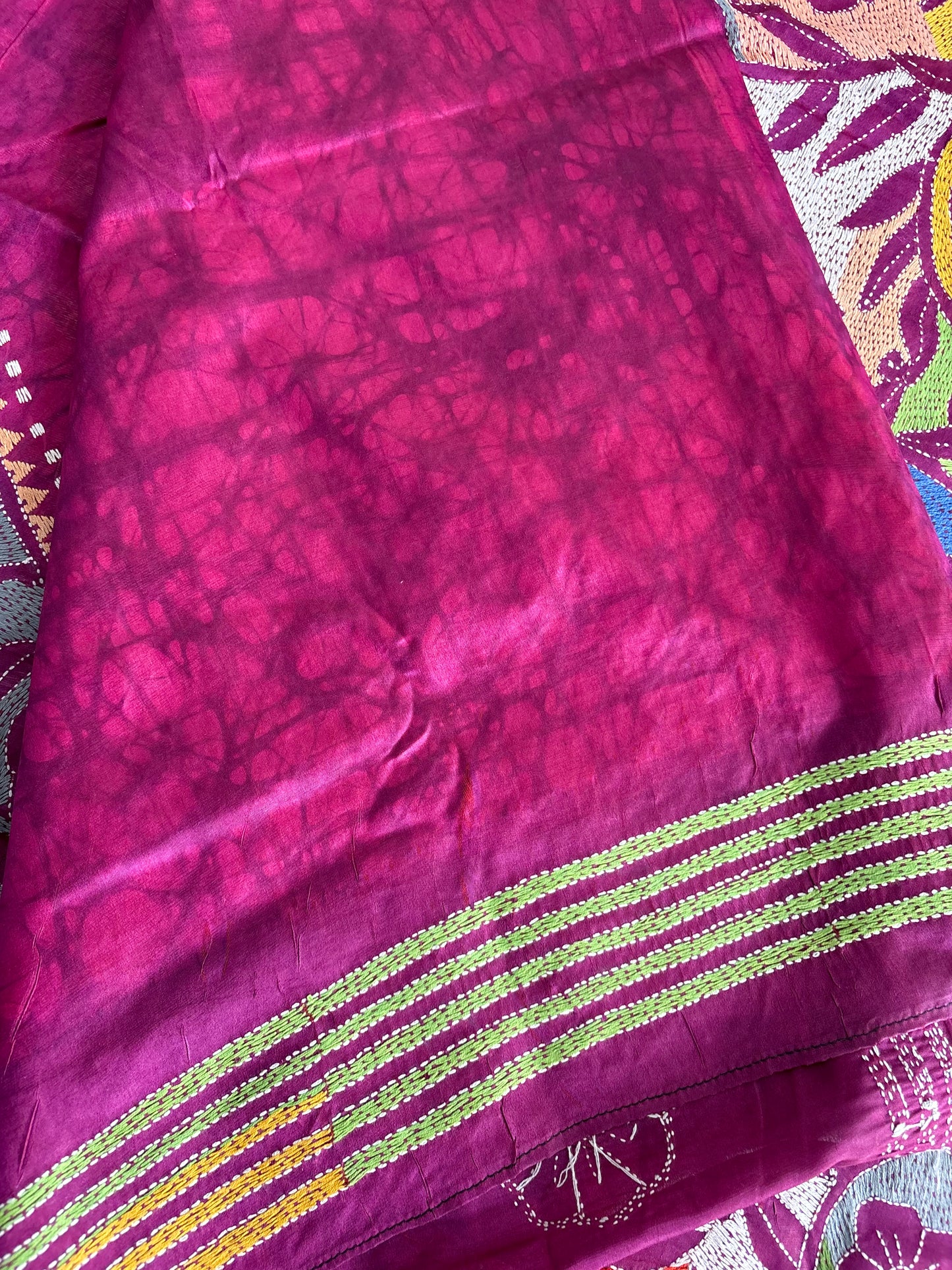 Reverse Kantha Stitch Hand Embroidered Art Silk Saree With Blouse
