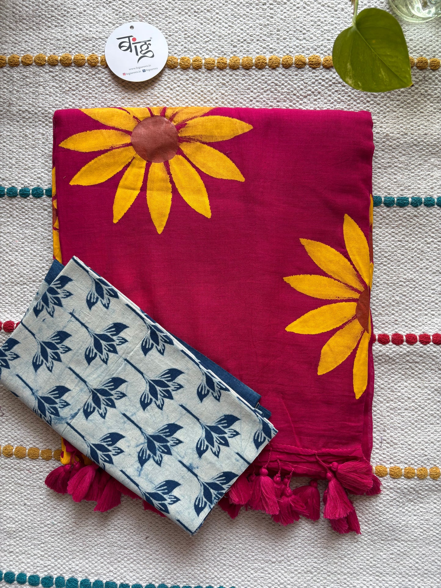 Hand Painted Mul Cotton Saree with Hand Block Printed Blouse | Magenta