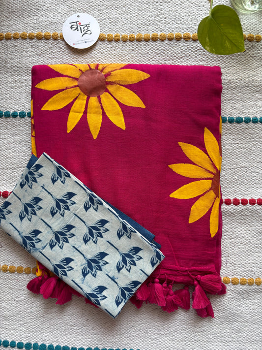 Hand Painted Mul Cotton Saree with Hand Block Printed Blouse | Magenta