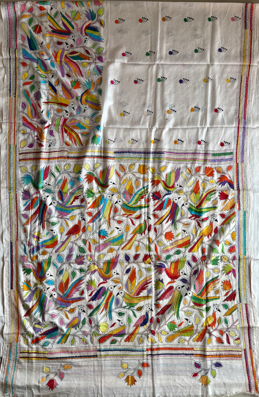 Off white Hand work Kantha stitch Saree in art silk/Blended Banglore Silk