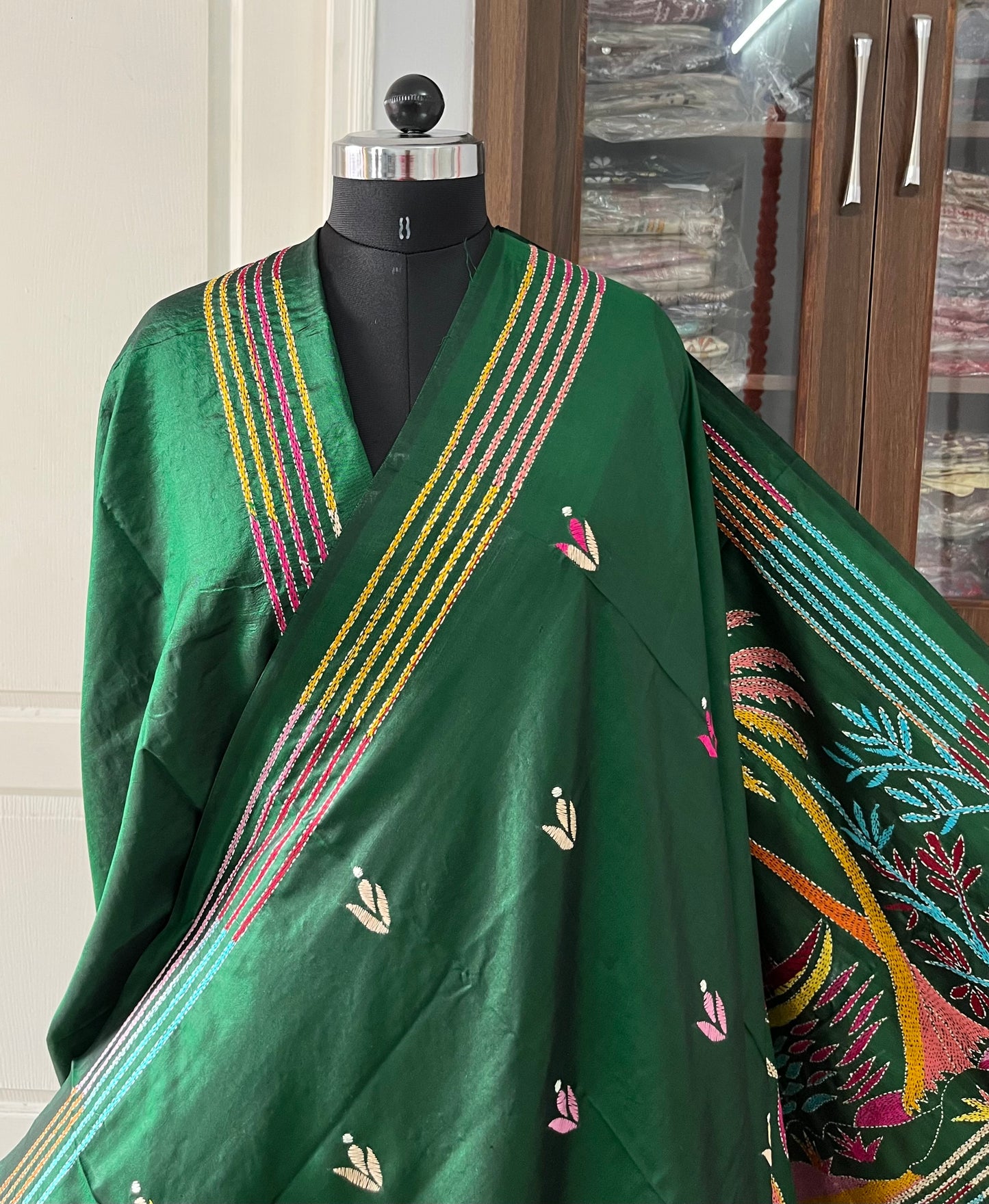 Kantha Stitch Hand Embroidered Pure Banglore Silk Saree (Silk Marked)