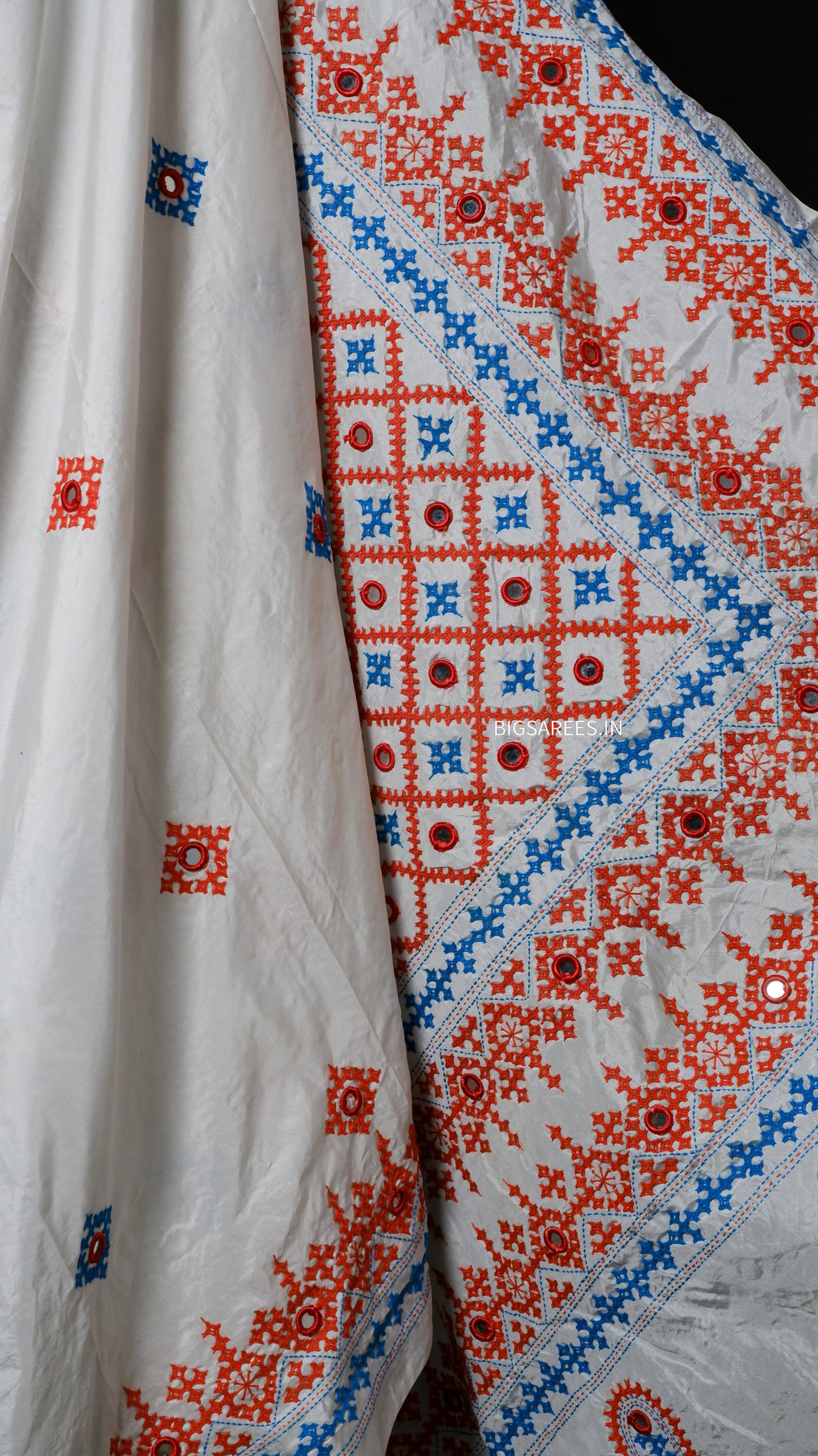 Heavy real mirror work Gujrati Stitch/Kutchi Bharat/Sindhi Hand Embroidered Art Silk Saree with blouse