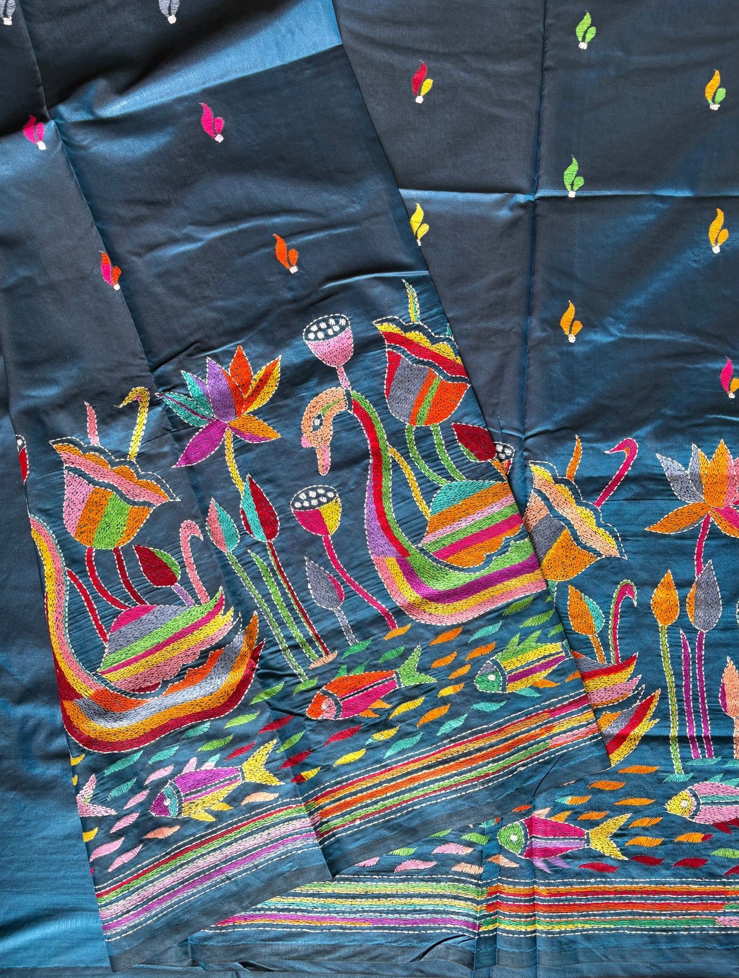 Kantha Stitch Saree on Hand Art Silk