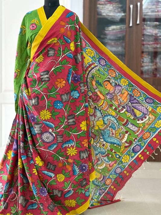 Pen Kalamkari hand painted pure cotton Saree with blouse