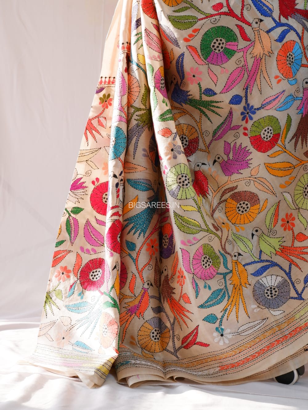 Kantha Stitch Hand Embroidered Saree | Pure Tussar Silk | Silk Mark Certified