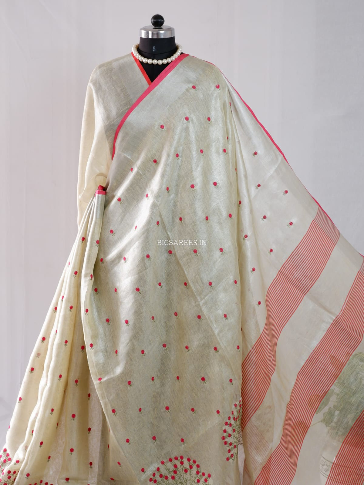 Tissue Linen Blend machine embroidered Saree | Pearl Cream