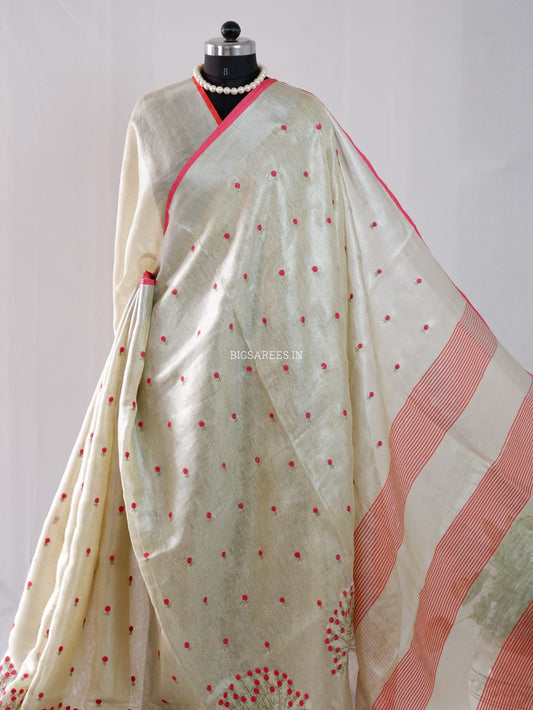 Tissue Linen Blend machine embroidered Saree | Pearl Cream