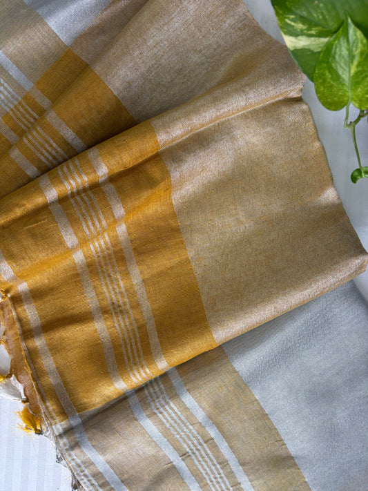 Mustard silver pure Linen By Linen Saree With running Blouse