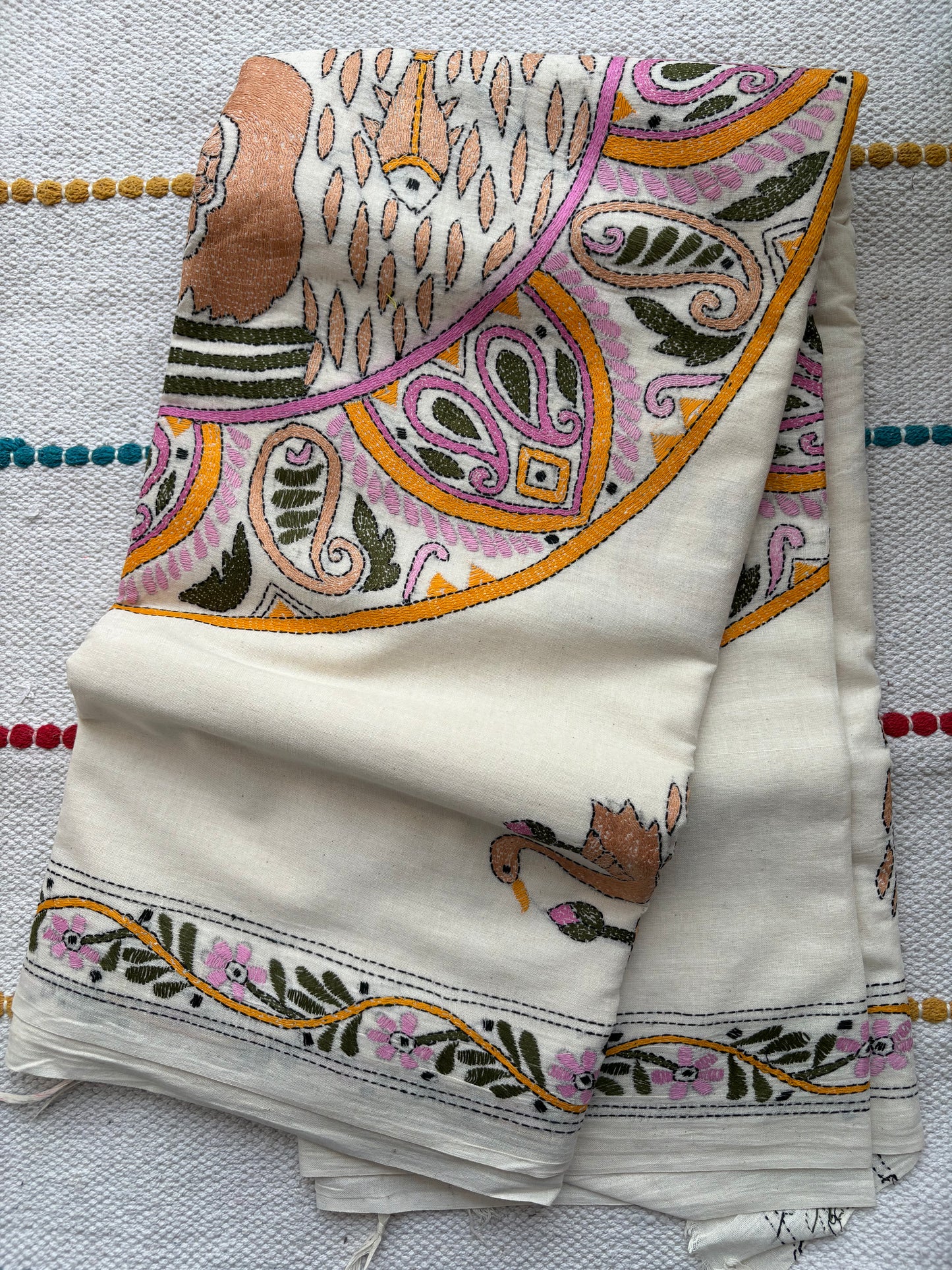 Kantha Hand-Embroidered Saree | Pure Khadi Cotton | Off White