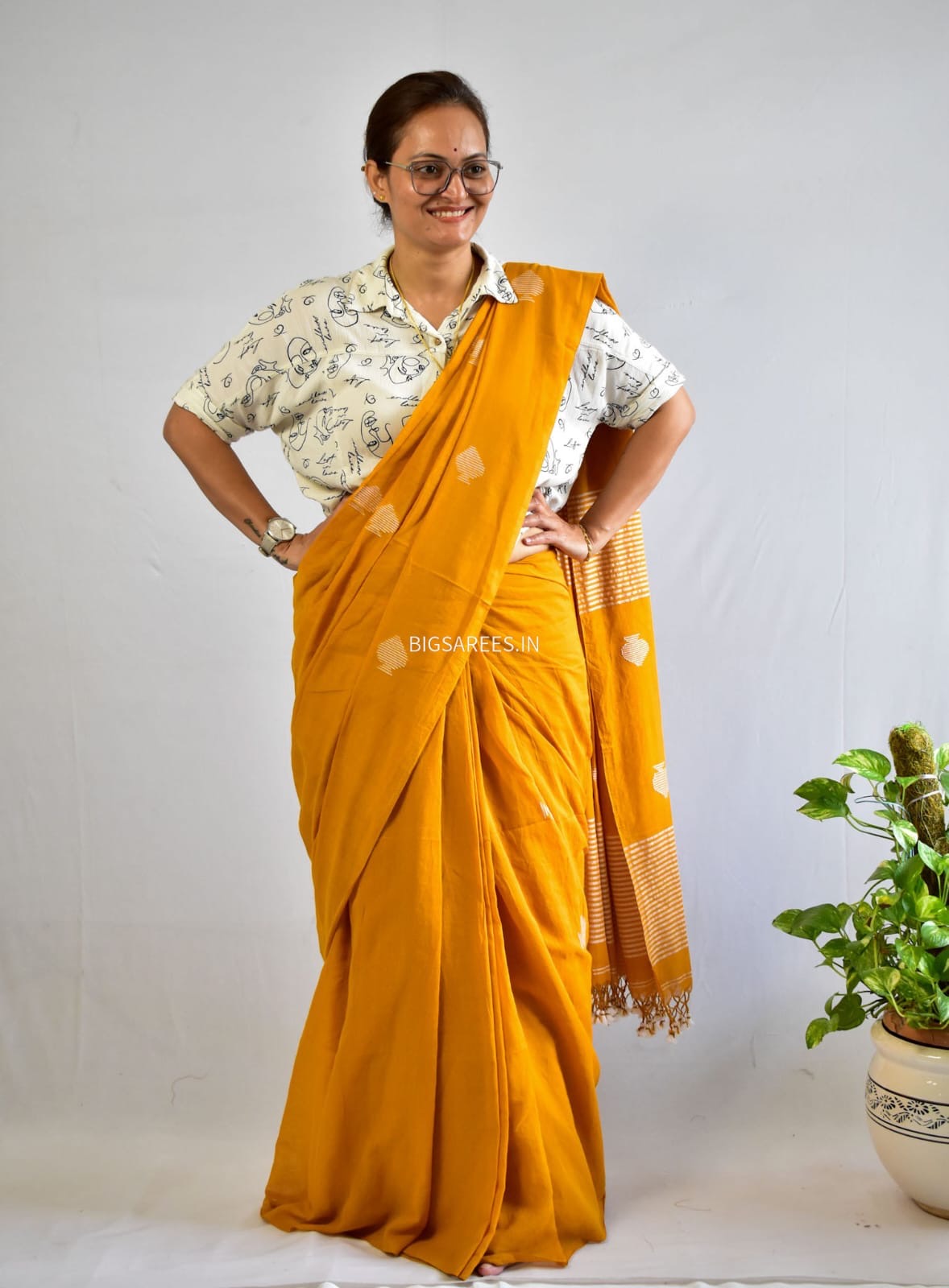 Hand woven Pure Mul Cotton Saree (Handloom Marked) - Mustard