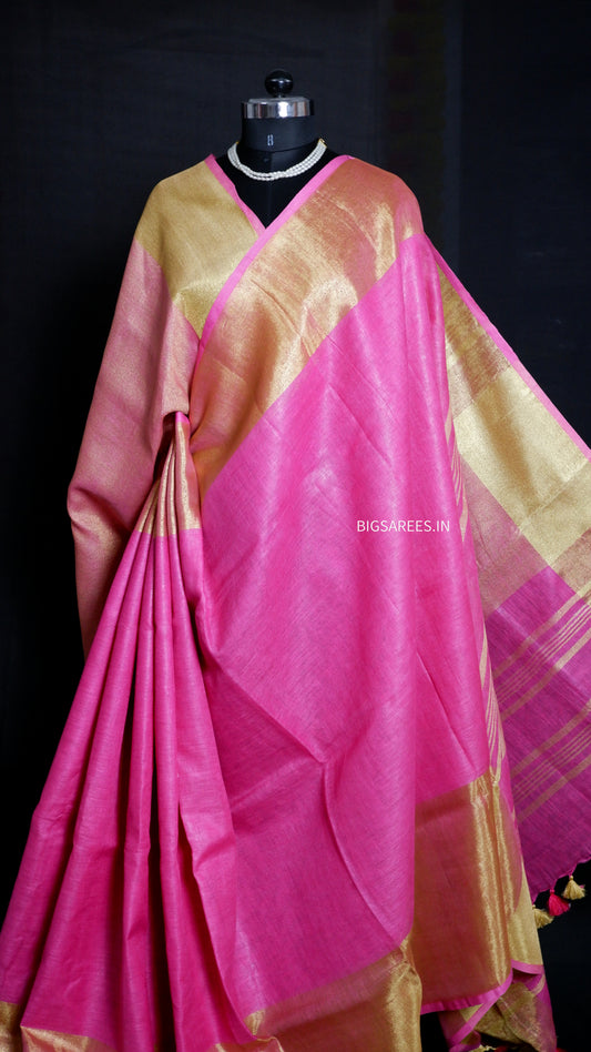 Pink gold pure Linen By Linen Saree With running Blouse