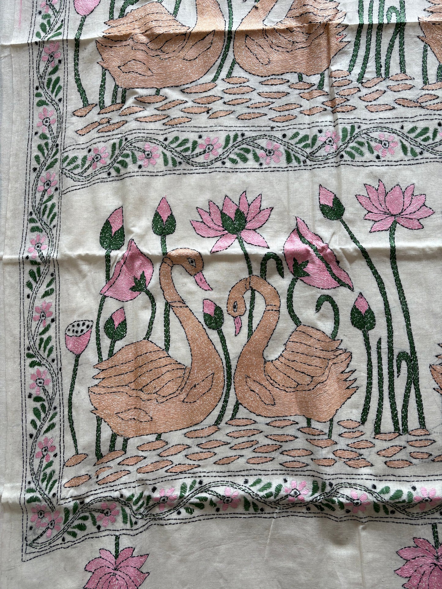 Kantha stitch Khadi Cotton Saree - Off white