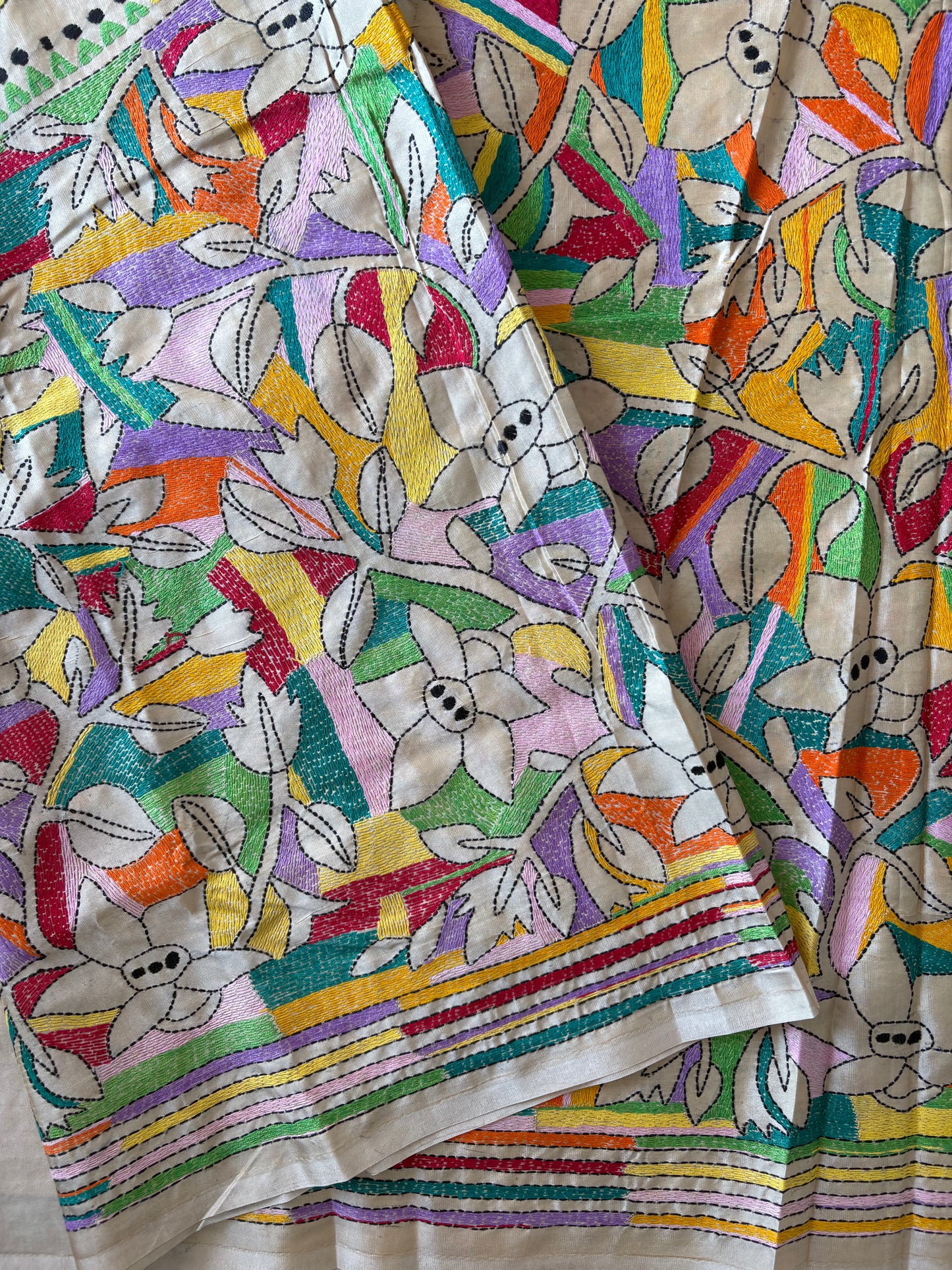 Reverse Kantha Hand Work Embroidered Art Silk Saree - Beige