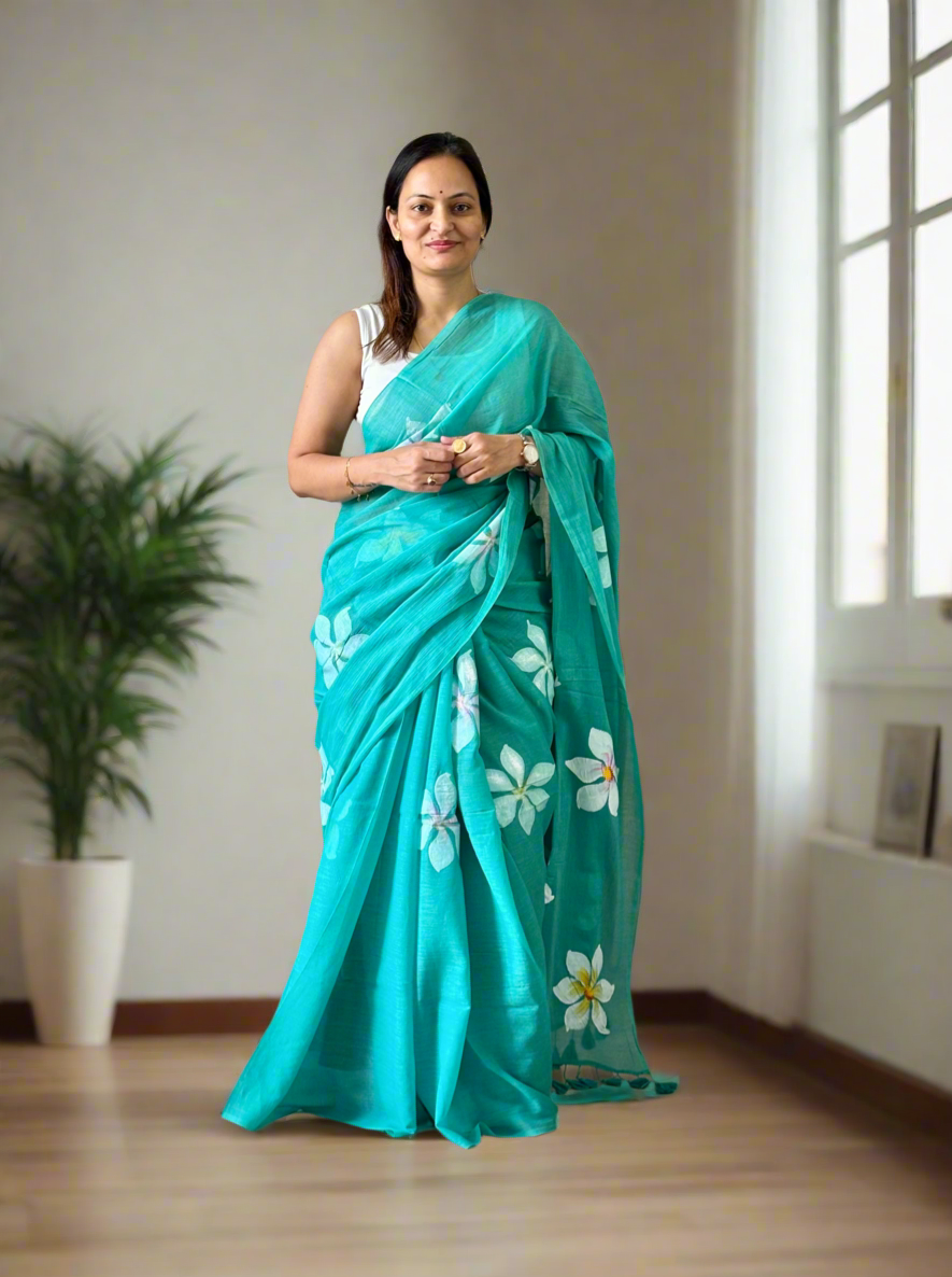 Hand Painted Mul Cotton Saree - Sea Green