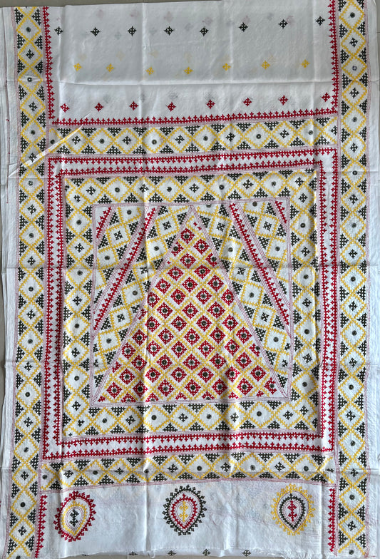 Off White Gujrati Stitch/Kutch Hand Embroidered Art Silk Saree