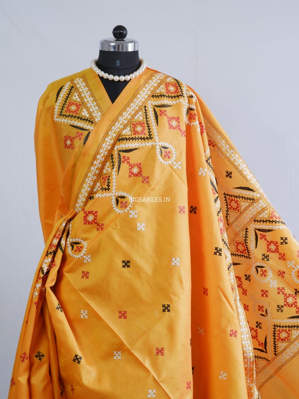 Kutch Hand Embroidered Saree| Pure Bangalore Silk | Amber
