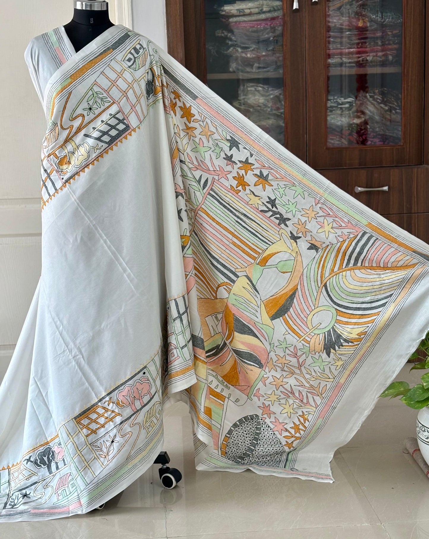 Off White Hand Embroidered Kantha Stitch Saree in Artificial Silk