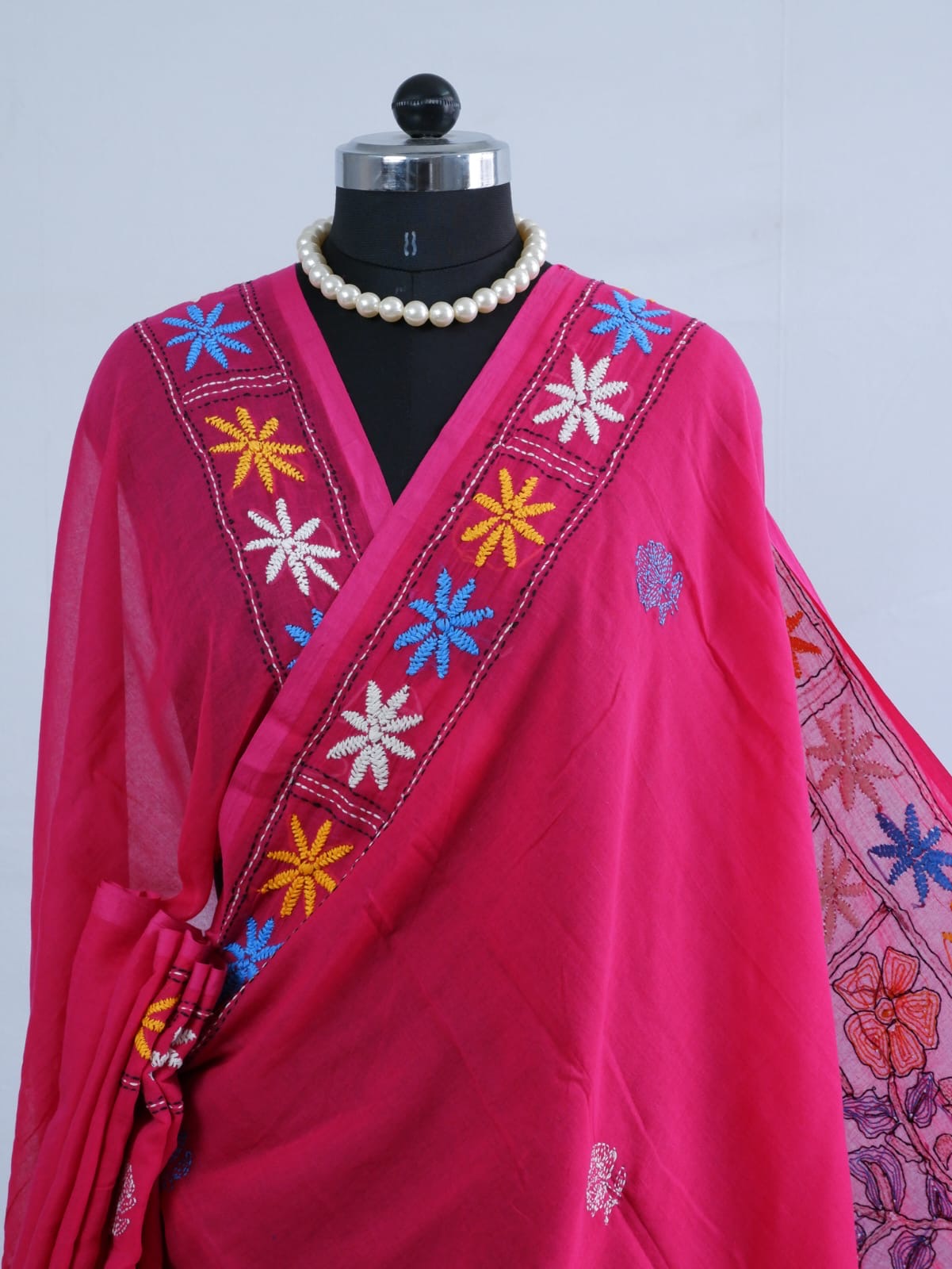 Kantha stitch Hand Embroidered Pure mul Cotton Saree