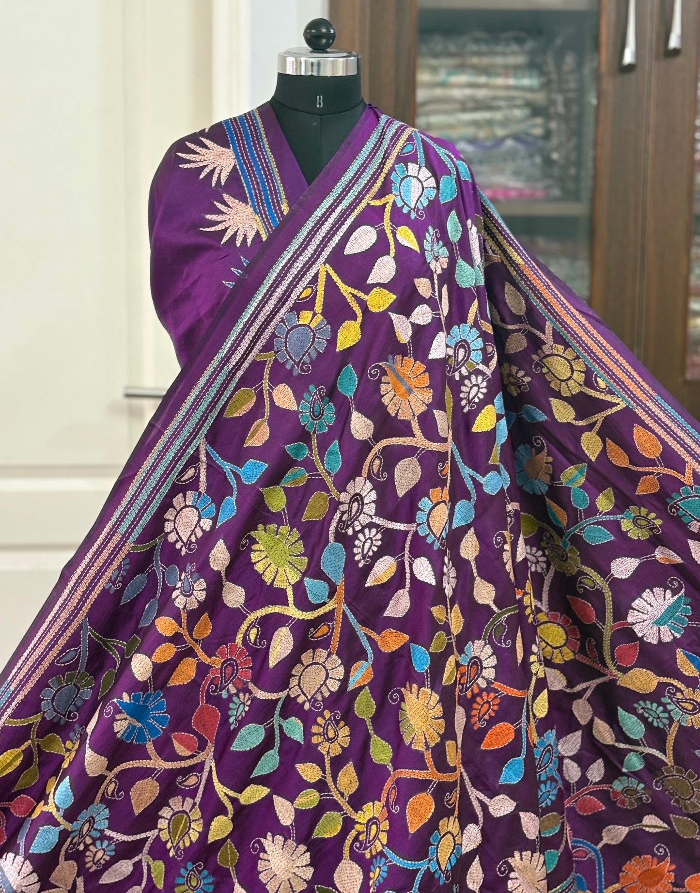 Kantha Hand Embroidery Pure Silk Saree – flowers