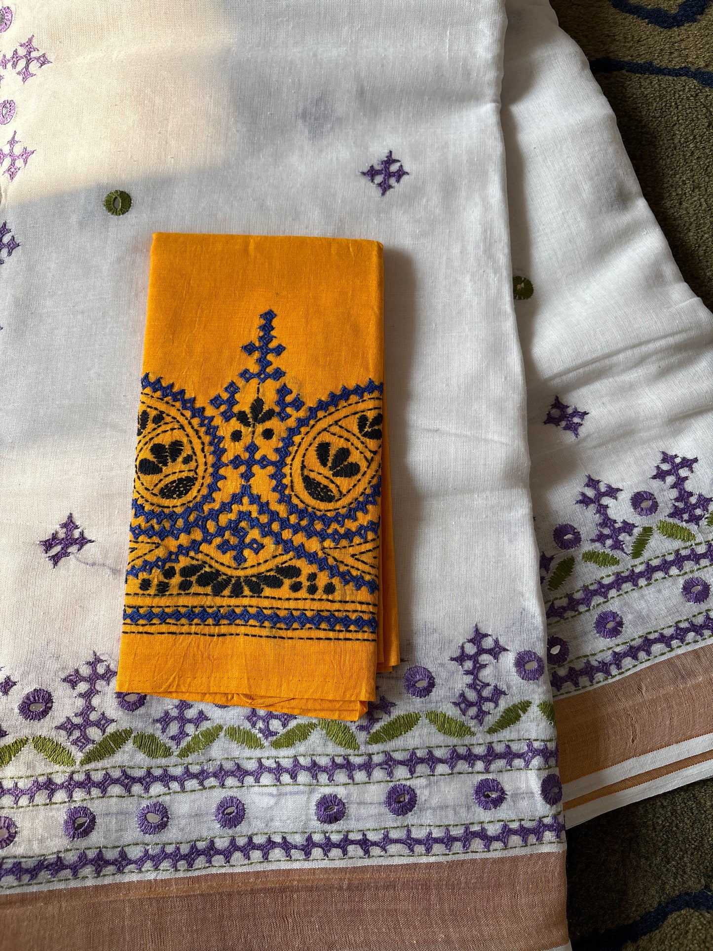 Gujrati Stitch/Kutch Hand Embroidered South Cotton Saree