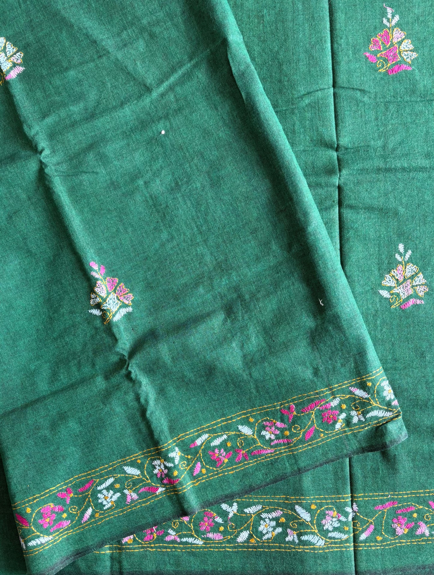 Kantha stitch Khadi Cotton Saree - Green