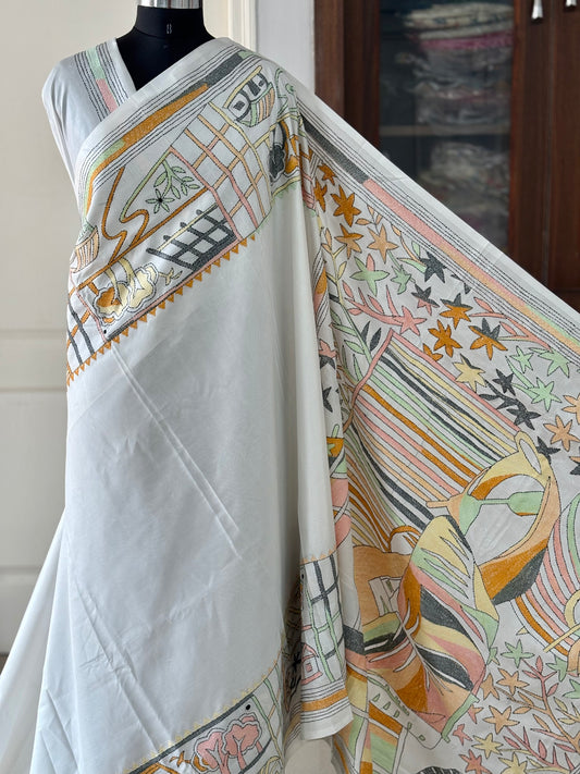 Off White Hand Embroidered Kantha Stitch Saree in Artificial Silk